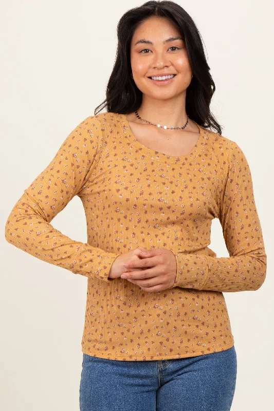 Smart Comfort Wear Yellow Floral Ribbed Long Sleeve Top