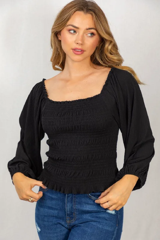 Weekend Comfort Wear Smocked & Ribbed Top, Black