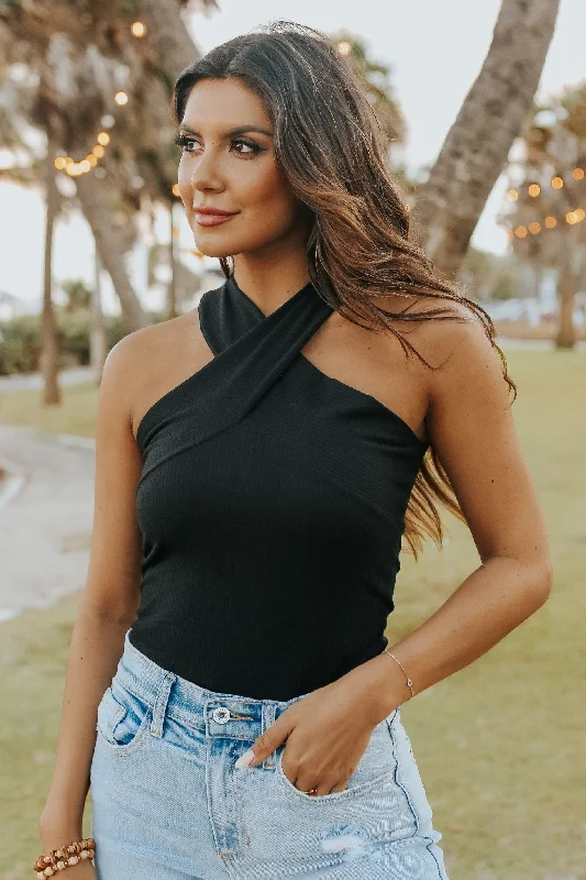 Comfortable Jeans Cross Front Halter Ribbed Bodysuit