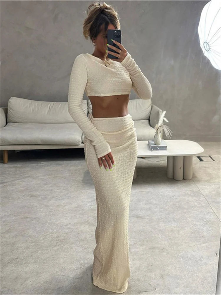 Soft Comfort A&A Two Piece Set Long Sleeve Crop top And Maxi Skirt Outfit