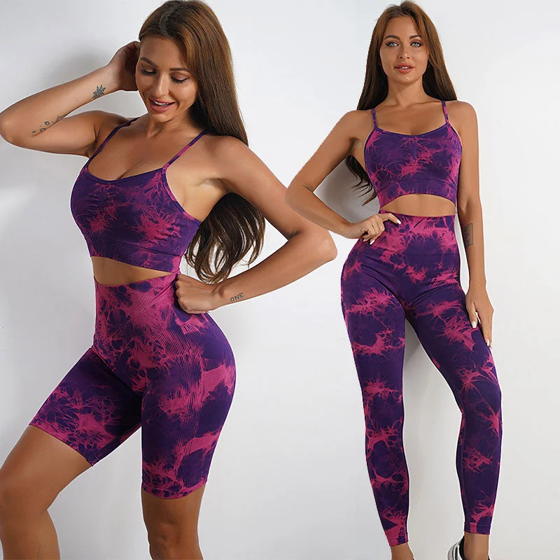 Stylish Casuals Tie Dye Seamless Yoga Set for Women: Sports Bra, Leggings, and Shorts