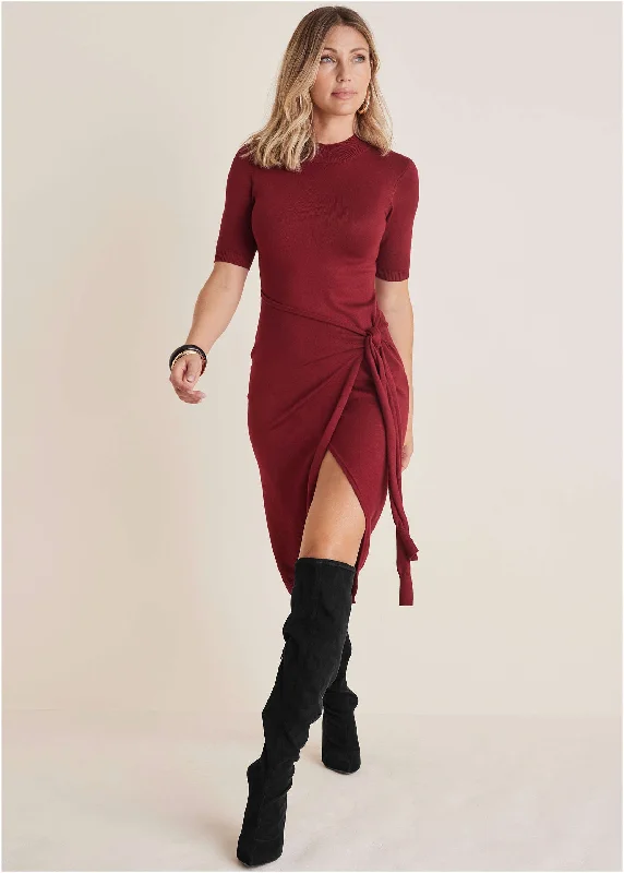 Simple Comfort Tie Side Sweater Dress - Wine