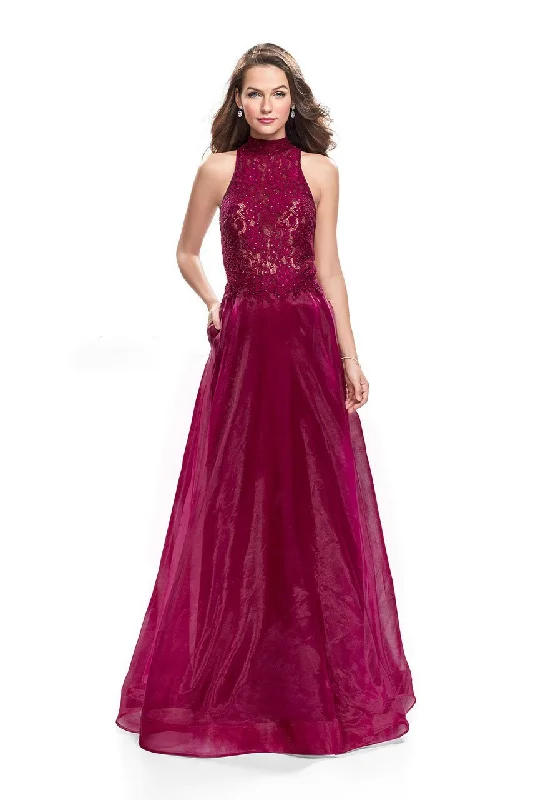 Relaxed Fit Wear La Femme - 25664 Beaded Lace High Halter Organza Dress