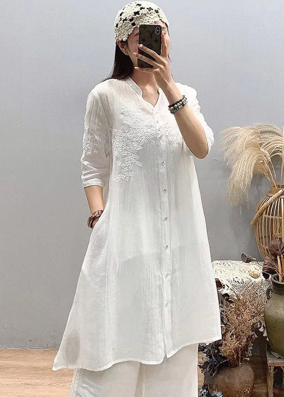 Cozy Footwear Fitted White Stand Collar Embroideried Linen Long Shirts Three Quarter sleeve