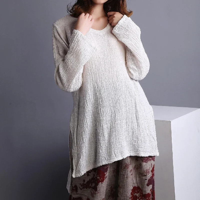 Comfortable Tops Beautiful White U Neck low high design Linen Shirt Spring