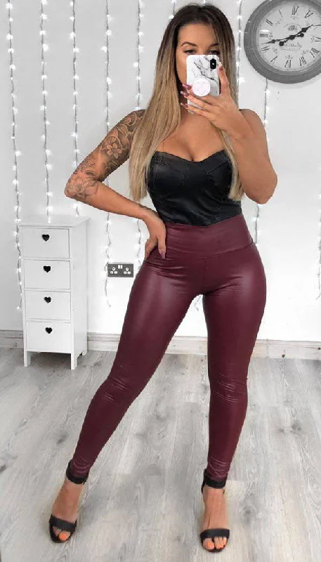 Fashion Comfort High Waisted Faux Leather Leggings In Wine