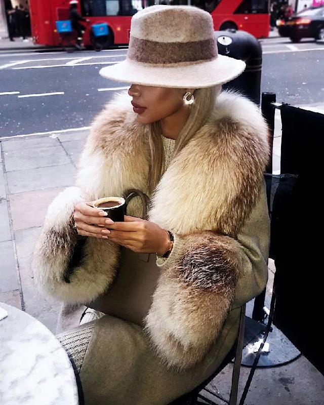 Comfortable Jackets Long Alpaca Cashmere Fox Fur Collar Coat