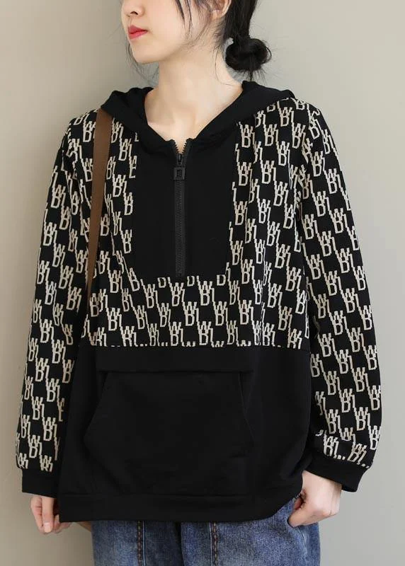Soft Fabric Looks Beautiful Black Print Tunics For Women Hooded Pockets Spring Tops