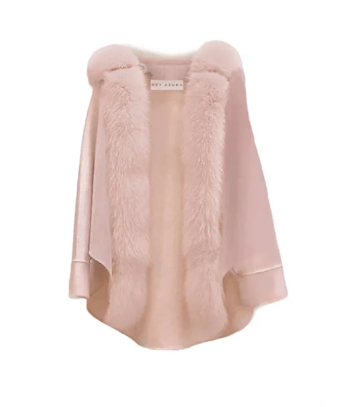 Relaxed Jackets Oversized Australian Wool Fox Fur Trim Poncho In Pink