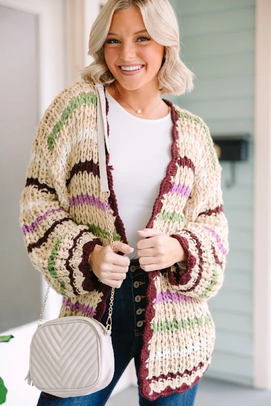 Soft Wearables Open To Love Taupe Brown Striped Cardigan