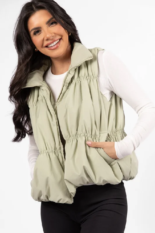 Simple Chic Mountain High Sage Ruched Puffer Vest SALE