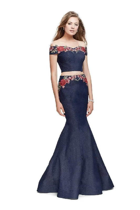 Timeless Outfits La Femme - 25924 Off The Shoulder Floral Print Denim Gown
