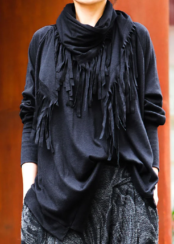 Soft Feel Beautiful Black O-Neck tasseled asymmetrical design Spring Tops Long sleeve
