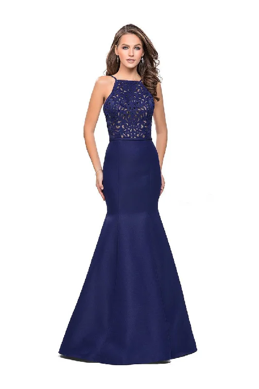 Casual Comfort La Femme - 25650 Laser Cut Detailed Halter Mermaid Dress