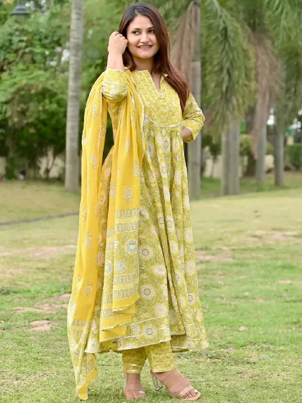 Warm Wear Yellow Yoke Design Cotton Anarkali Kurta With Trousers & Dupatta