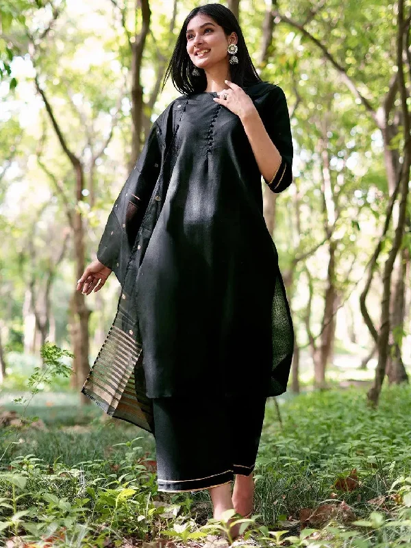 Elegant Fit Black Solid Cotton Straight Kurta With Palazzos & Dupatta