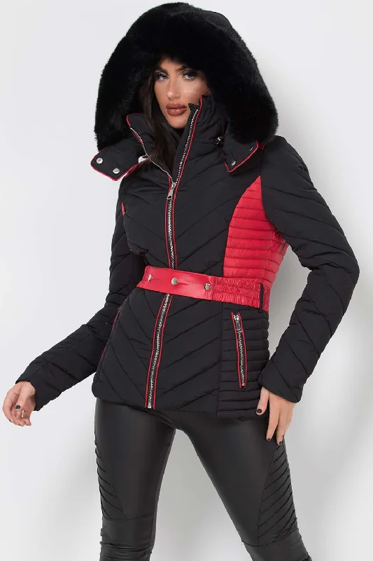 Sporty Wear Puffer Quilted Jacket With Faux Fur Hood Belted Black And Red
