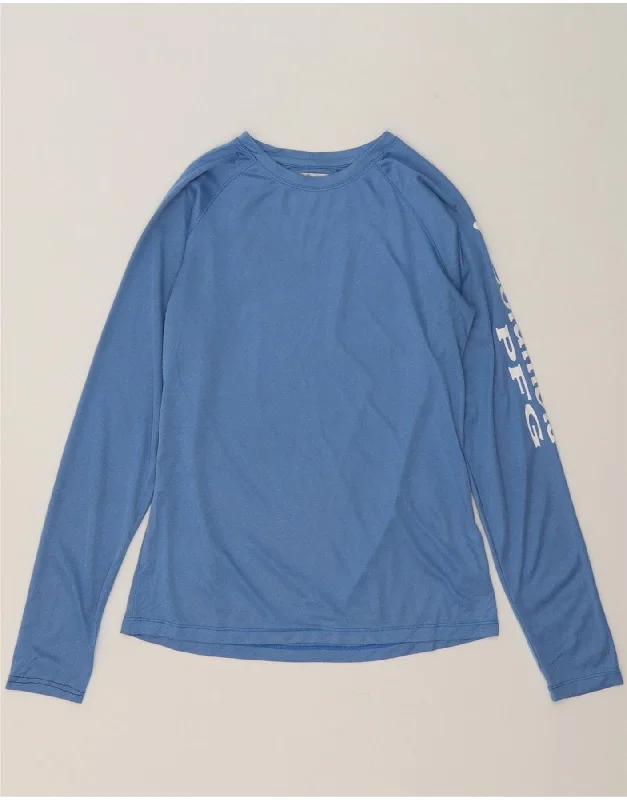 Cozy Fashion Trends COLUMBIA Womens Graphic Top Long Sleeve UK 10 Small Blue Polyester