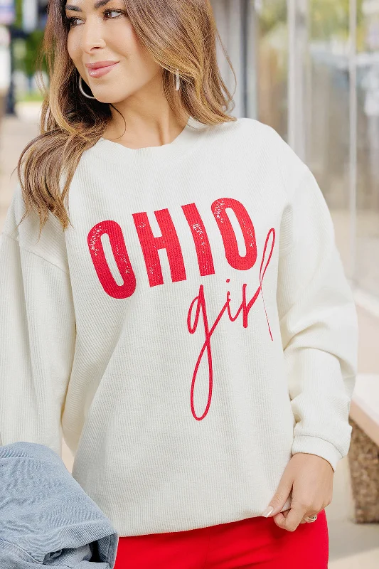 Cozy Street Style Cursive Ohio Girl Ribbed Graphic Crewneck