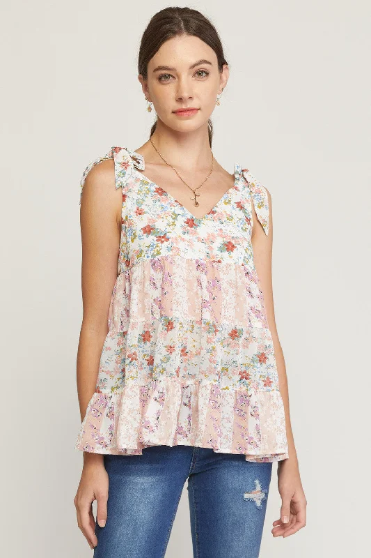 Simple Chic Mixed Floral Print Tiered Top