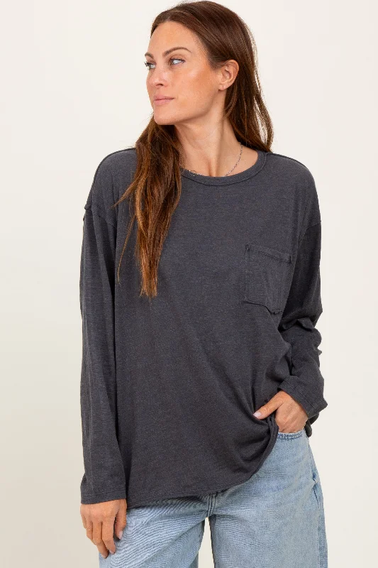 Relaxed Chic Charcoal Mineral Wash Front Pocket Long Sleeve Top