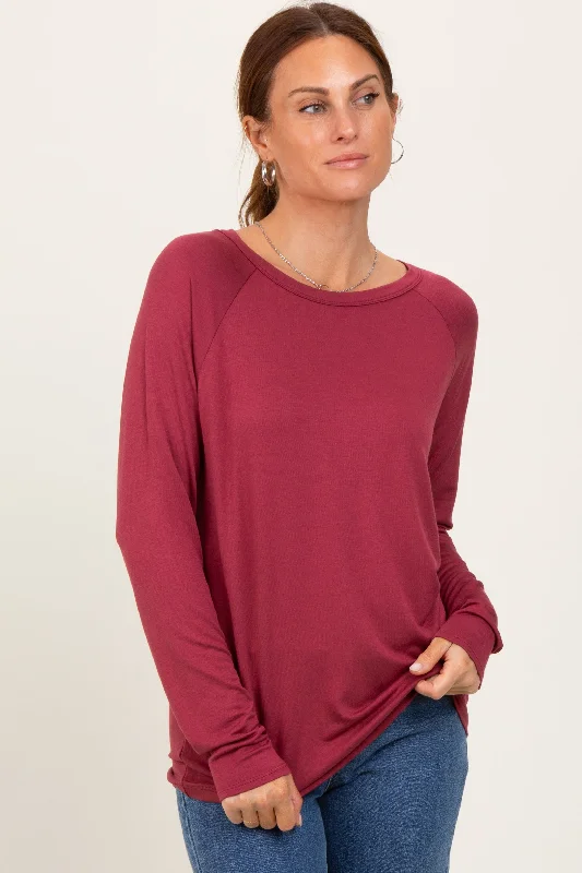 Cozy Fitting Burgundy Basic Boatneck Long Sleeve Top