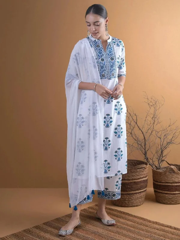 Comfy Layers White Printed Cotton Straight Kurta With Palazzos & Dupatta