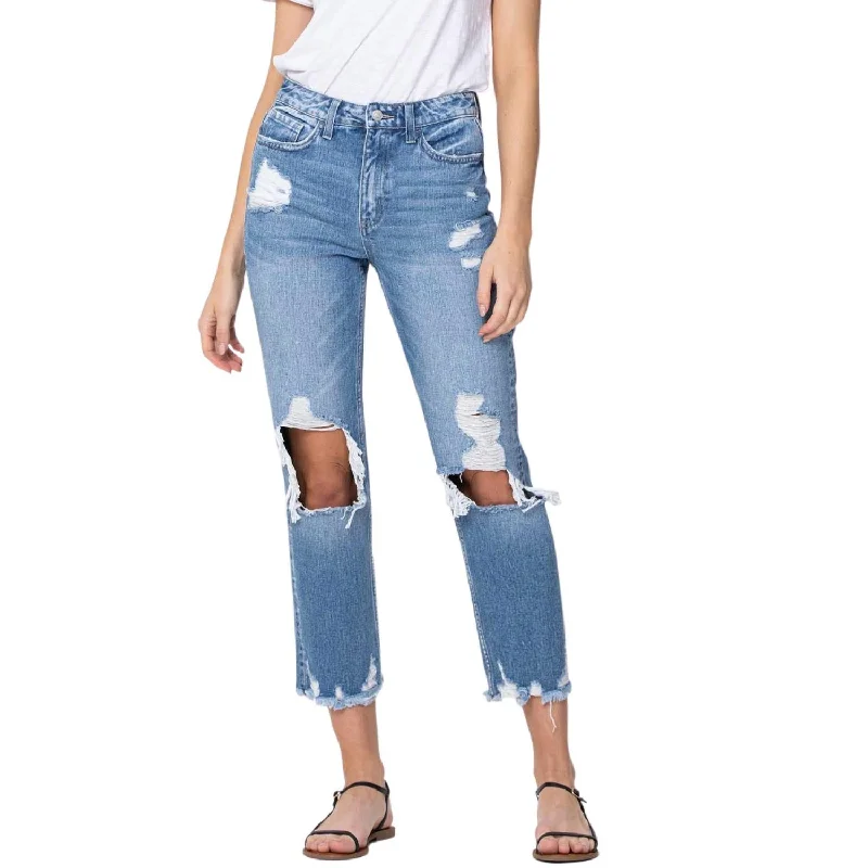 Cozy Essentials Wear Let Go High Rise Tattered Straight Leg Jean In Medium Wash