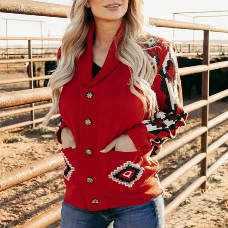 Fashionable Comfort Women's Red/Black and White Aztec Button Sweater