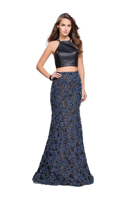 Relaxed Fit Wear La Femme - 25602 Strappy Two Piece Halter Leather and Denim Gown