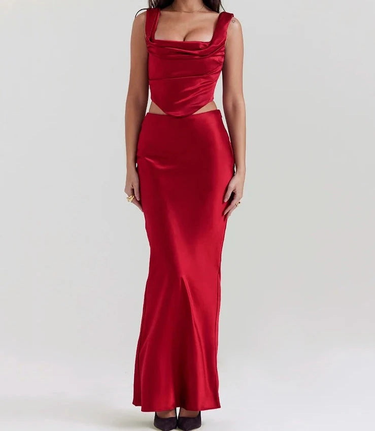 Easy-to-Wear A&A Satin Sleeveless Corset Style Skirt Two Piece Set