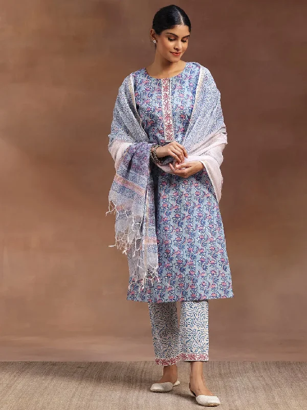Soft Knitwear Blue Printed Cotton Straight Suit With Dupatta
