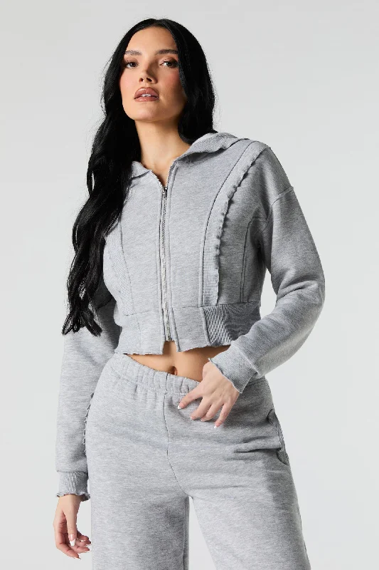 Elegant Dressing Fleece Ruffle Trim Zip-Up Hoodie