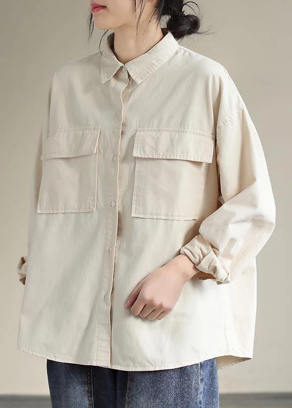 Comfortable Tops French Beige Tops Women Lapel Pockets Daily Spring Shirt