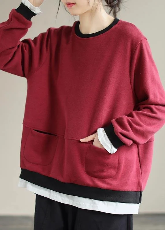 Everyday Style Beautiful Red Clothes For Women O Neck False Two Pieces Silhouette Spring Blouse