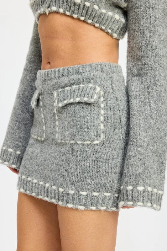 Trendy Comfort Wear KNIT MINI SKIRT WITH CONTRASTED STITCHING
