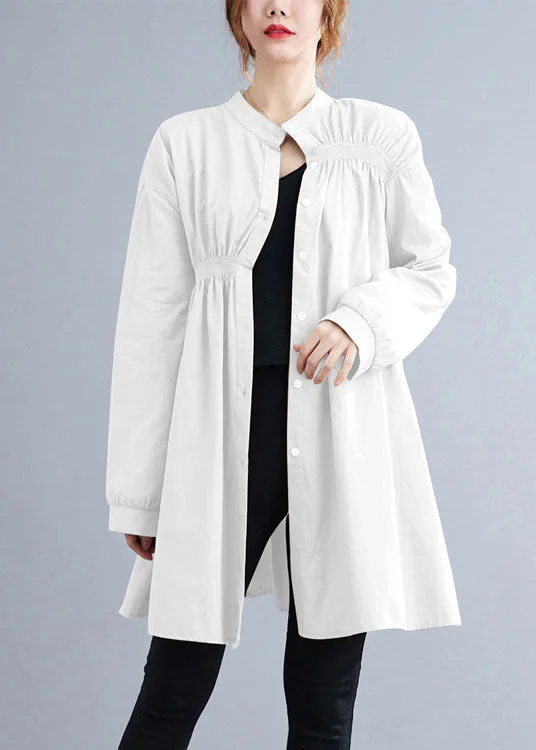 Light Fit Beautiful White Stand Collar Button wrinkled Fall Shirt Top Long Sleeve