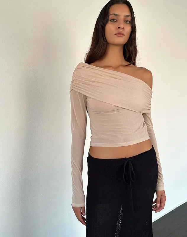 Stylish Jackets Chidi Sheer Mesh Bardot Top in Camel