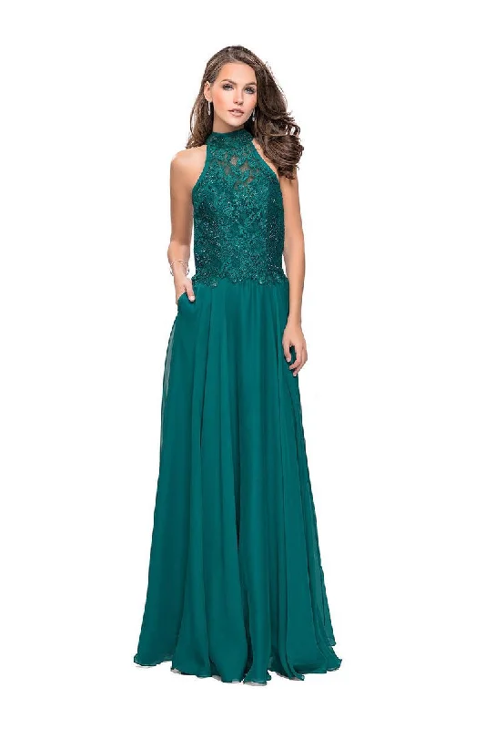 Layered Style La Femme - 25355 Bejeweled Illusion Halter Lace Chiffon Gown