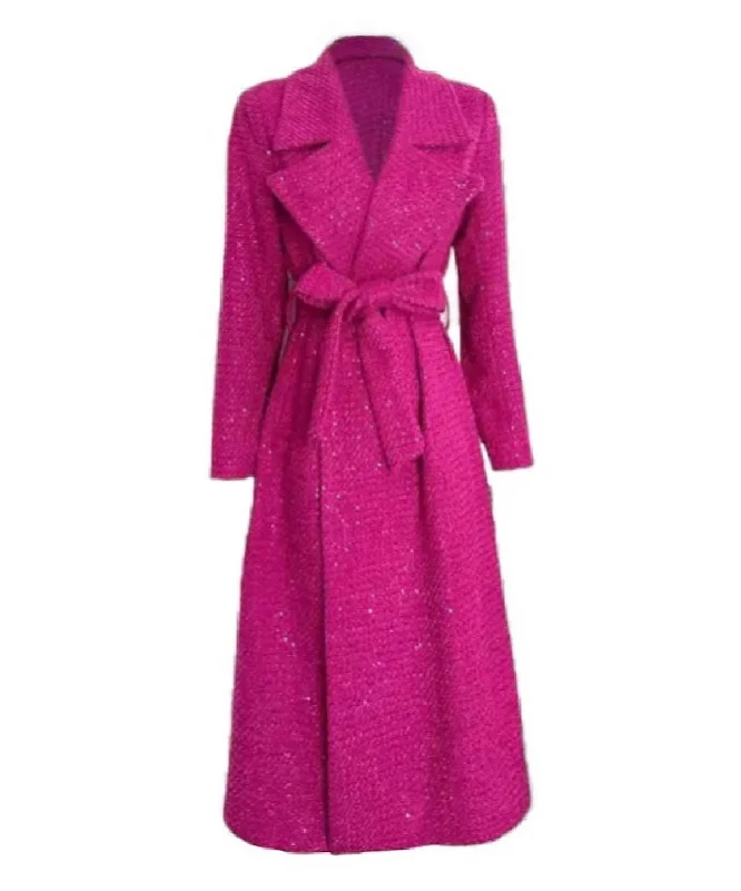 Simple Chic Woolen Tweed Sequin Long Lapel Midi Coat