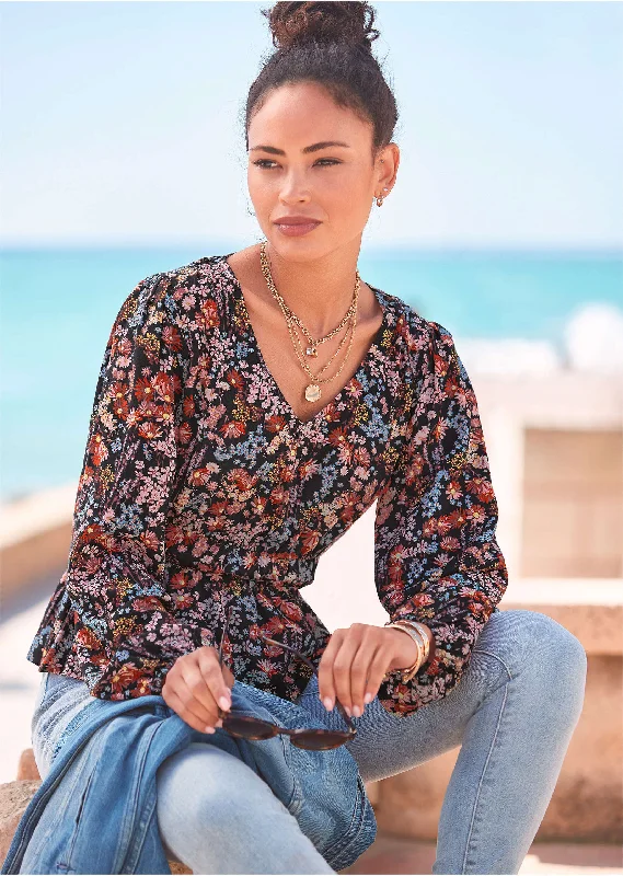 Soft Feel V-Neck Peplum Blouse - Purple Multi