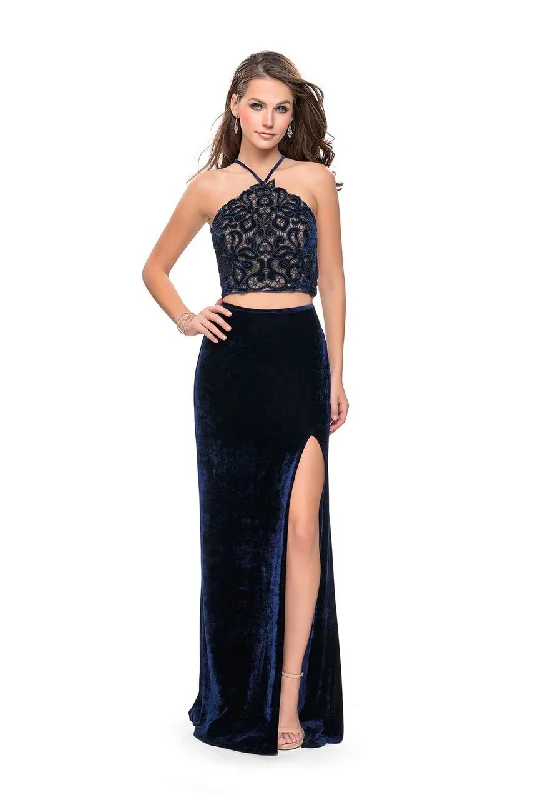 Stylish Jackets La Femme - 26115 Two Piece Halter Lace Velvet Evening Dress