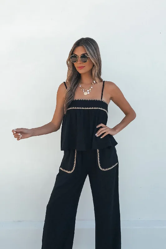 Cozy Street Style Vintage Havana Black Linen Cami Tank Top | Pre Order