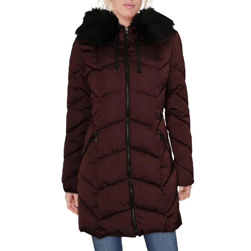 Comfy Chic Wear Tahari Brie Women's Chevron Quilted Puffer Coat with Faux Fur Trim Hood