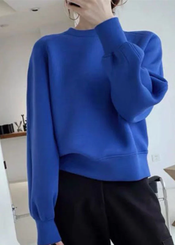 Soft Layers Elegant Blue O-Neck Brief Casual Fall Pullover Sweatshirt