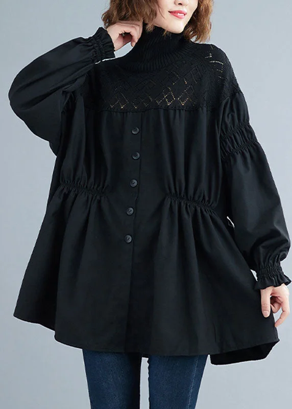 Cozy Essentials Fashion Black Turtle Neck Patchwork Knit Shirt Tops Spring