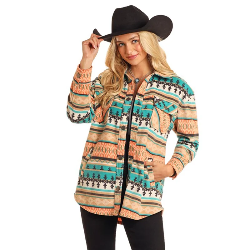 Effortless Dressing Rock & Roll Women's Turquoise & Coral Aztec Fleece Shacket
