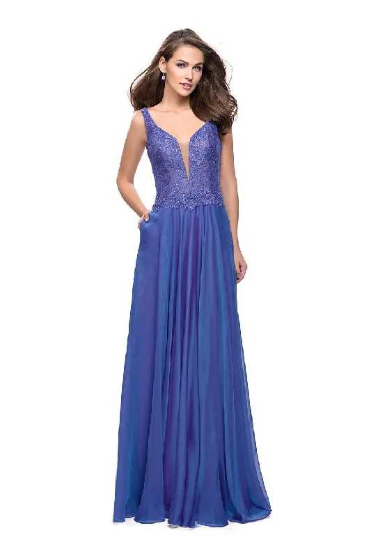 Sporty Comfort La Femme - 25513 Beaded Lace Plunging Chiffon Dress