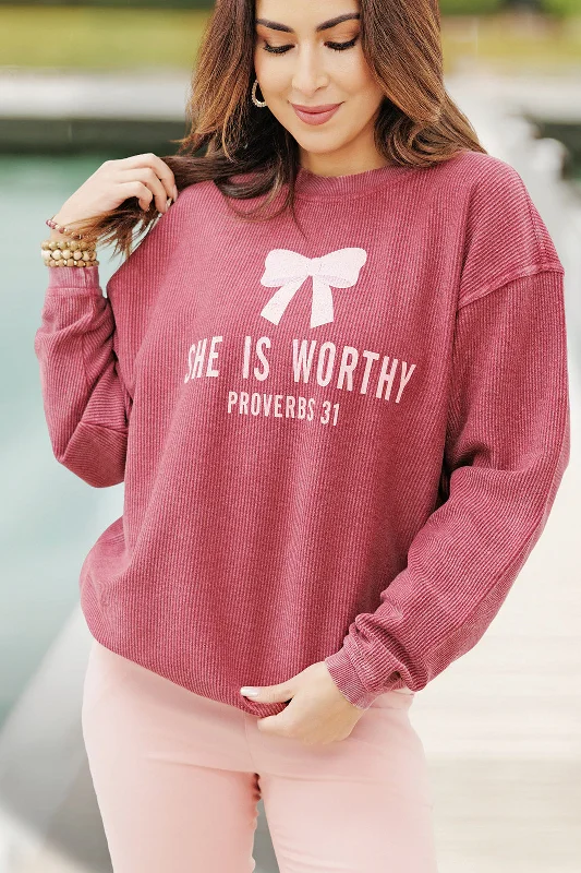 Modern Chic She Is Worthy Ribbed Graphic Crewneck