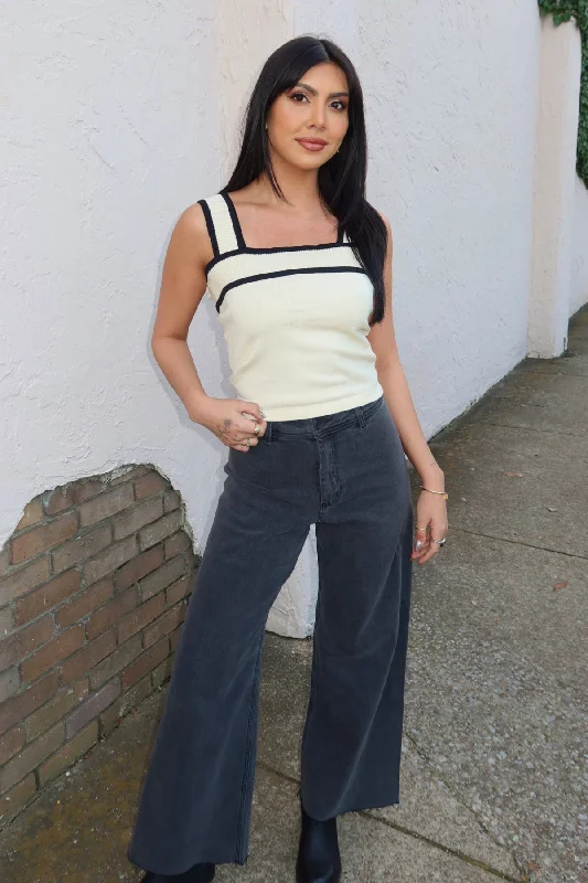 Comfortable Fashion Looks Solid Cream Black Trim Sweater Tank Top